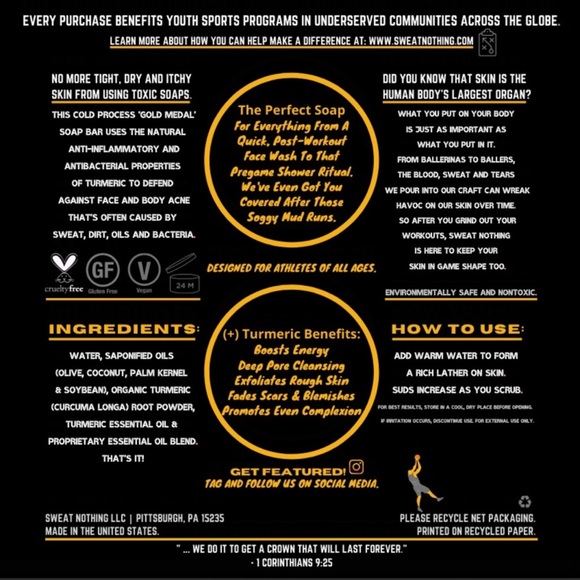 SWEAT Nothing: Turmeric Gold Medal Soap For Athletes. Sports Body + Skin… - Picture 5 of 9